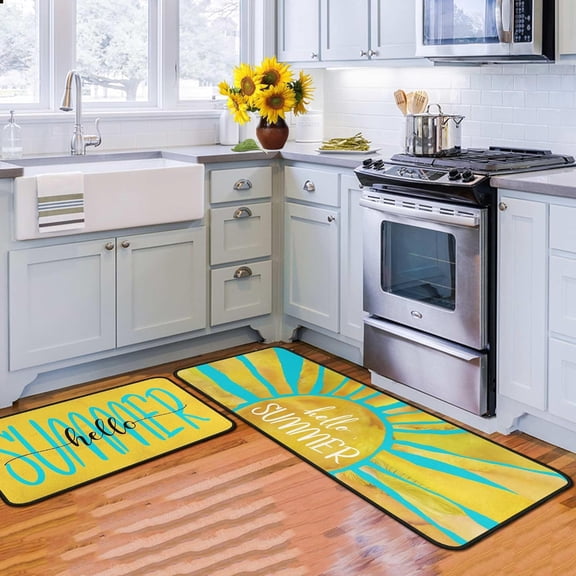 Summer Kitchen Rugs and Mats for Floor, Summer Decorations for Home, 2 Pcs Non-Slip Backing Spring Summer Mat, Summer Decor Holiday Kitchen Rug Sets with Runner 17"x47.2" 17"x30"