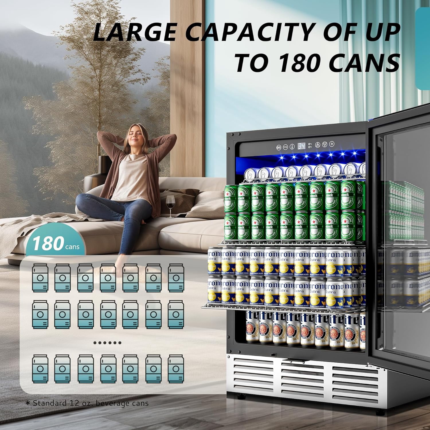 EUHOMY 23.9 Inch Beverage Refrigerator, 179 Can Built-in Beverage Cooler, Under Counter Beer Fridge with Glass Door
