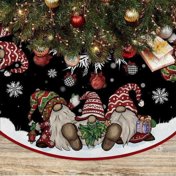 Christmas Tree Skirt 36 Inches, Gnomes with Holly Berry Pencil Tree Skirt, Winter Xmas Tree Mat Decorations for Home Party Holiday Decorations