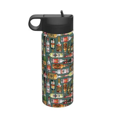 

Salouo Alcohol Bottles Pattern 18 oz Water Bottle With Straw Stainless Steel Sports Water Cup Flask Wide Mouth Travel Thermal Mug for Home Office Car