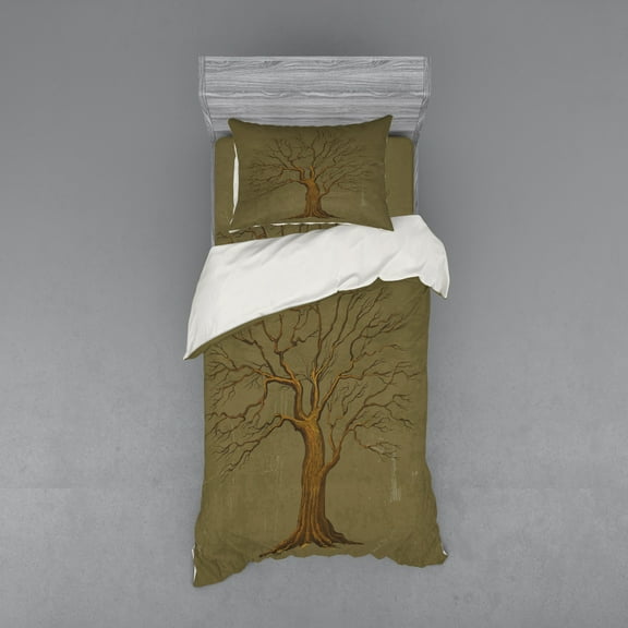 Ambesonne Tree Bedding Set 3 Pcs, Old Paper Effect Vintage, Twin XL, Olive Green