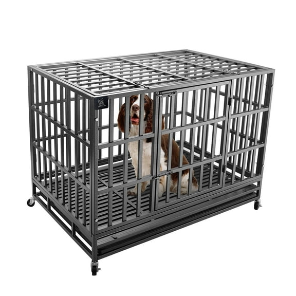 47Inch Heavy Duty Dog Kennel Strong Metal Dog Cage Pet Crate for Medium and Large Dogs with Four Lockable wheels, Removeable Tray