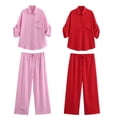 thumbnail image 2 of HH TRAF 2024 Traje de pantalón largo de pierna ancha de moda con cordones y camisa de un solo pecho con media manga y solapa de color liso para mujer, 2 of 5