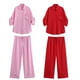 thumbnail image 2 of HH TRAF 2024 Traje de pantalón largo de pierna ancha de moda con cordones y camisa de un solo pecho con media manga y solapa de color liso para mujer, 2 of 5
