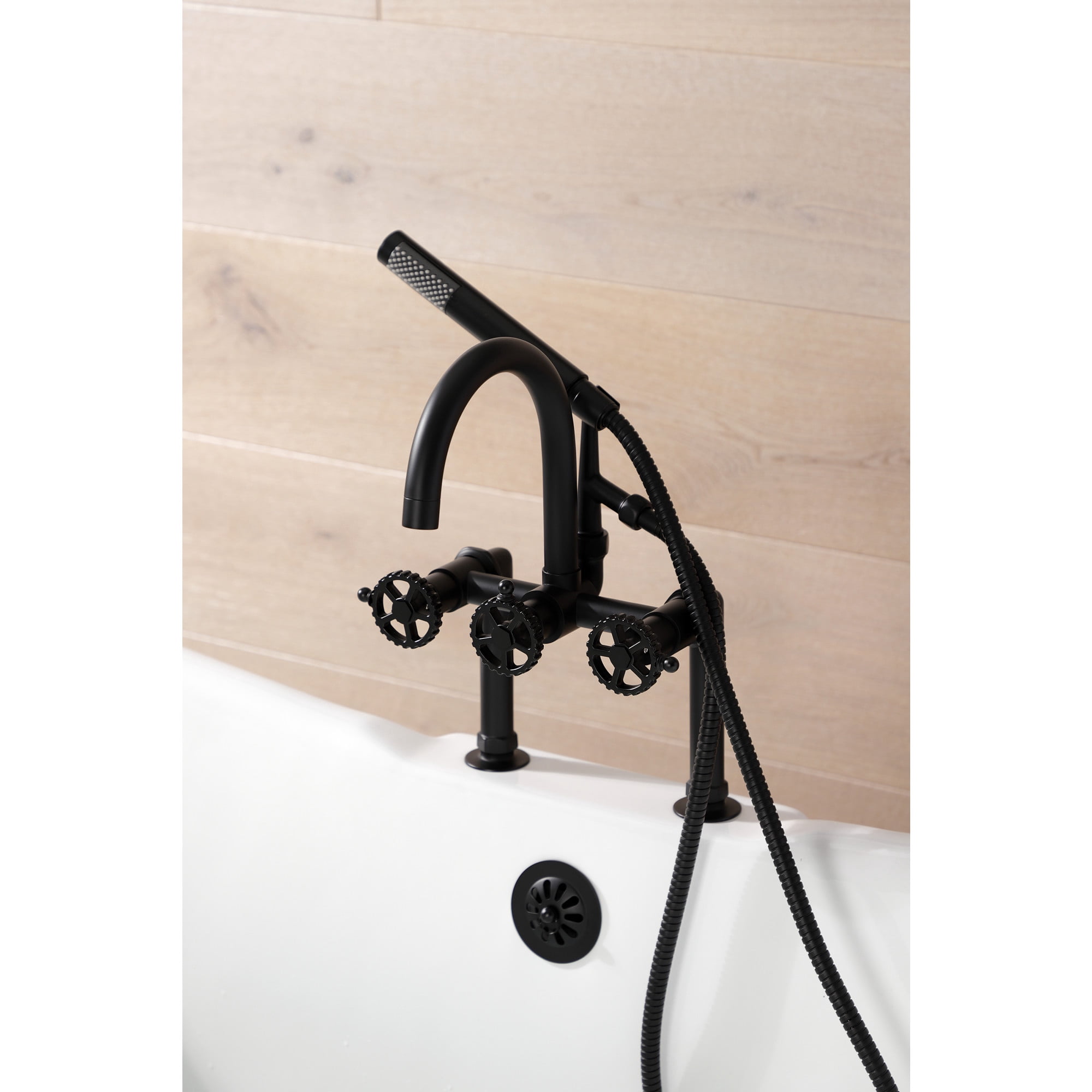 Kingston Brass AE8100CG Fuller Three-Handle 2-Hole Deck-Mount Clawfoot Tub Faucet with Hand Shower in Matte Black