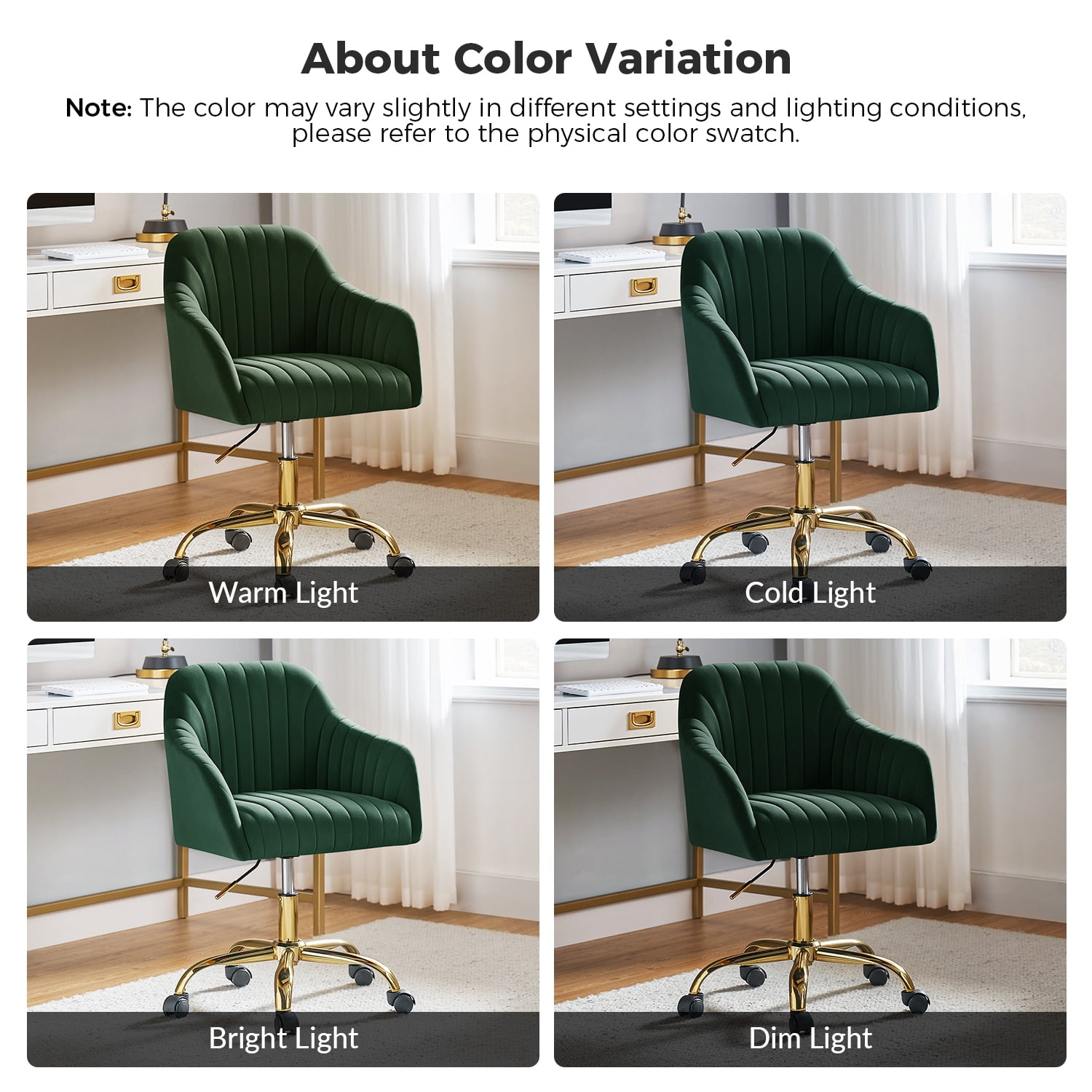 Velvet Office Desk Chair Rolling Vanity Armchair Swivel Adjustable Adult Green