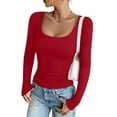 thumbnail image 2 of larppty Women's Scoop Neck Long Sleeve Shirts Ribbed Slim Fitted Casual Solid Color Basic Top Blouses Red, XL, 2 of 6