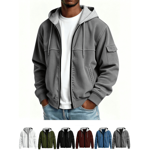 Men Hooded Jackets Zip Up Long Sleeve Casual Jacket Lightweight Winter Warm Athletic Outerwear
