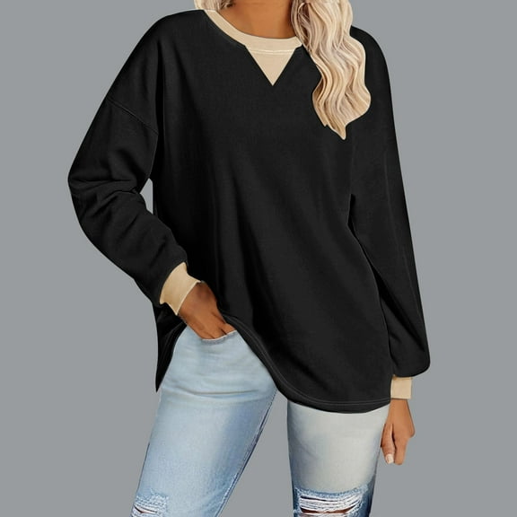 BSDJILFG Womens Oversized Sweatshirt 2024 Casual Crewneck Long Sleeve Colorblock Striped Pullover Tunic Tops Outfits