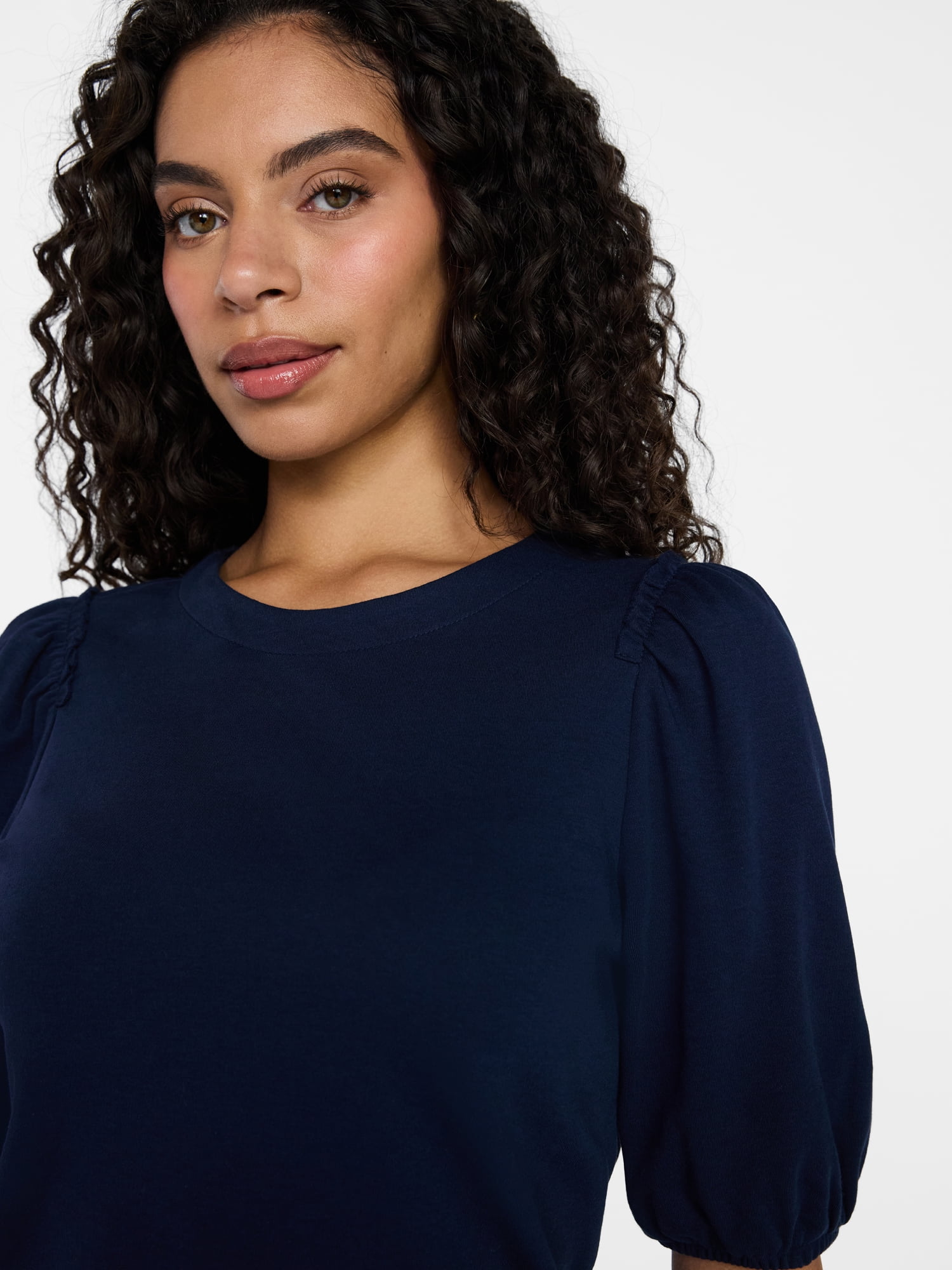 Time and Tru Women's Cotton Crewneck Tee with Puff Sleeves, Sizes XS-XXXL