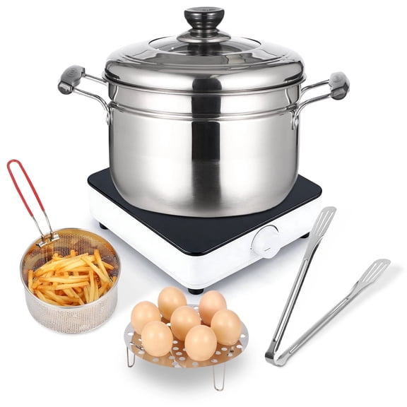 6-Piece Stainless Steel Deep Fryer Pot Set, 4.2 Qt Multi-Function Cooking Pot with Glass Lid, Steamer Basket, Frying Basket, Food Tongs & Egg Rack, Ideal for Frying, Steaming, Boiling, Egg Dishes