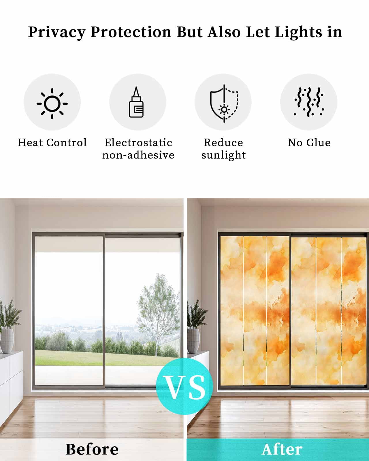Window Privacy Film Orange Stained Glass Window Film Decorative Sun Block Window Cover Watercolor Farmhouse Ombre Abstract Texture Window Clings Static Adhesive Sticker for Bathroom 35.4"x78.7"