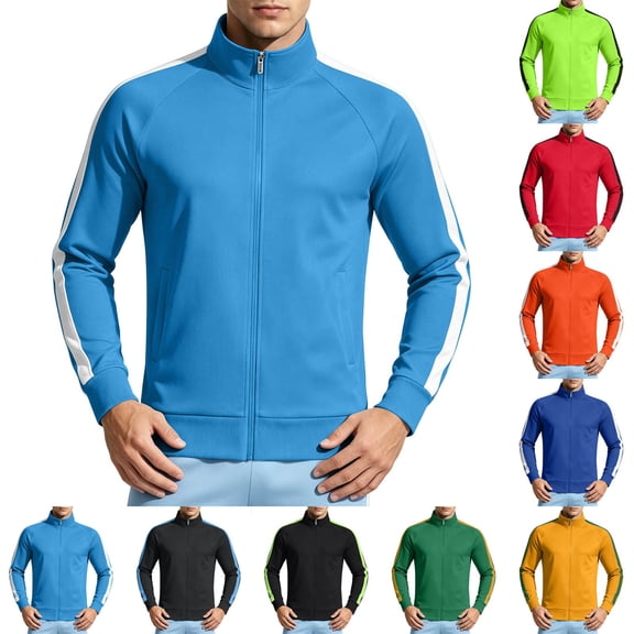 Fanshiluo Men's Stand Collar Full-Zip Track Jacket, Raglan Sleeve Athletic Jacket with Contrast Side Stripes and Pockets for Men,L,Big and Tall Men