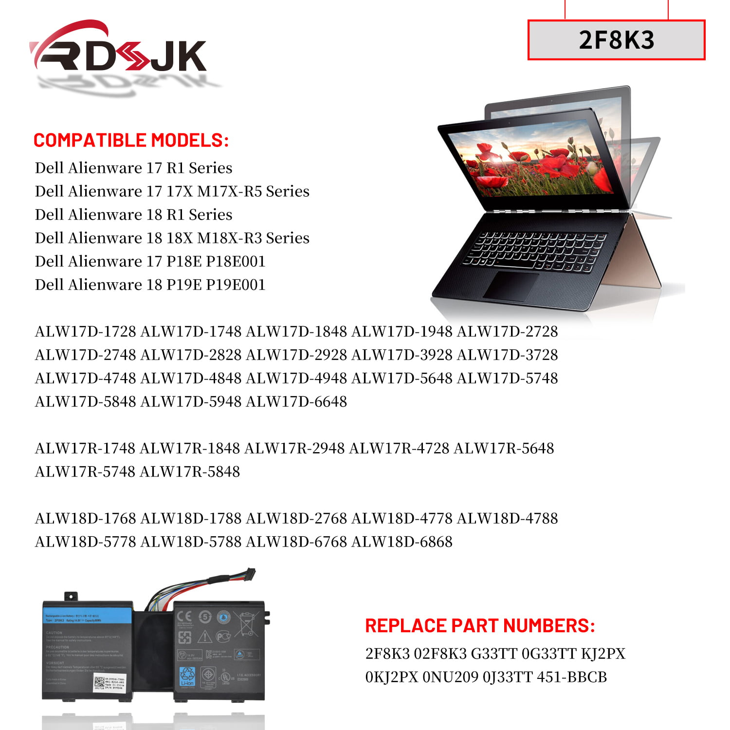 2F8K3 Battery Replacement for Dell Alienware 17 R1 17X M17X-R5 Alienware 18  R1 18X M18X-R3 Series Gaming Laptop 02F8K3 KJ2PX 0KJ2PX 0NU209 G33TT 