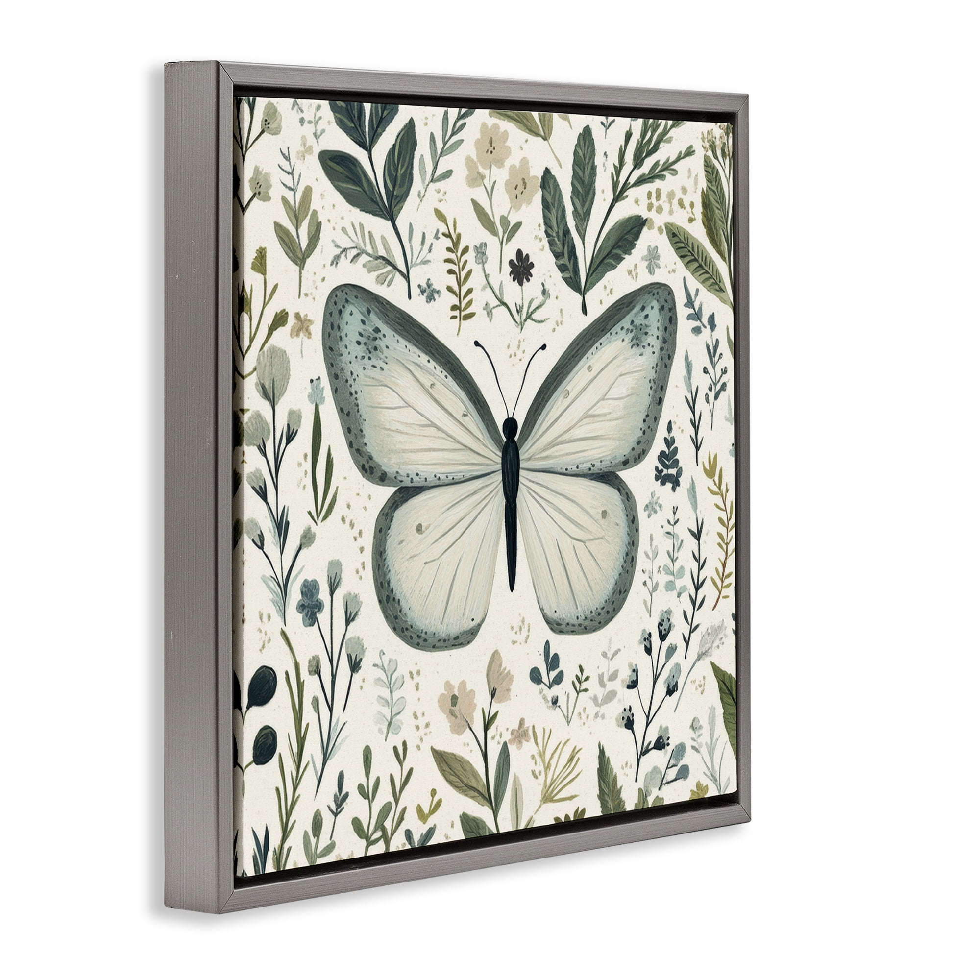 Stupell Industries Dusty Blue Butterfly Botanicals Gray Framed Floater Canvas Wall Art, design by Petal Prints Design