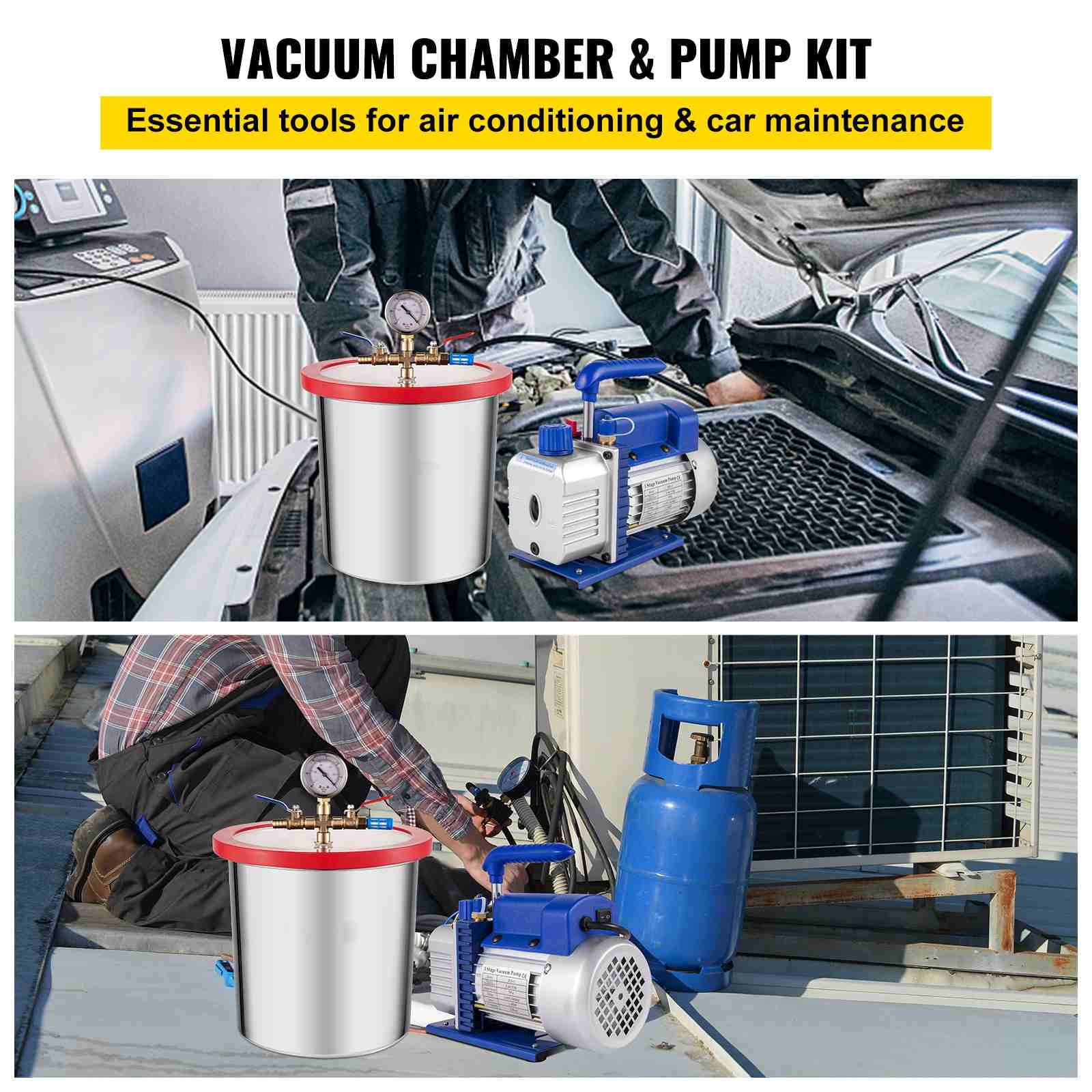 VEVOR 3 Gallon Vacuum Chamber Kit Stainless Steel Degassing Chamber 12L Vacuum Degassing Chamber Kit with 3.6 CFM 1 Stage Vacuum Pump HVAC