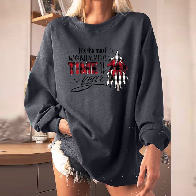 ICHUANYI Clearance Women Christmas Hat Print Loose Long-Sleeved Fleece Oversized Sweatshirt Pullover(Gray, XL) ICHUANYI WER2023081501931