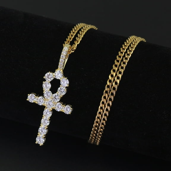 Hip Hop Anka cross Pendant14K Yellow Gold Setting CZ stones Necklace Jewelry for men and women