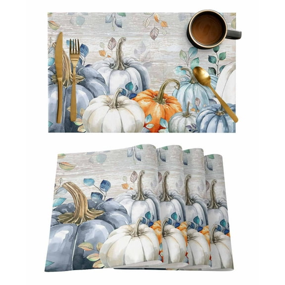 Fall Pumpkin Placemats Set of 6 Grass Green Eucalyptus Wood Grain Heat Insulation Washable Place Mats, Rustic Non-Slip Table Mats for Dining Table Party Kitchen Decor,13x19 Inch