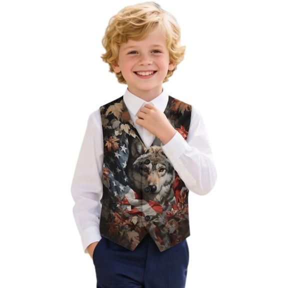 Garronmavis Wolf Boys Suit Vest Comfortable Flag Formal Waistcoat V Neck Vest with Pockets Stylish Forest 3-button Single Breasted Closure & 2 Slit Pockets Versatile for Boys 5-6