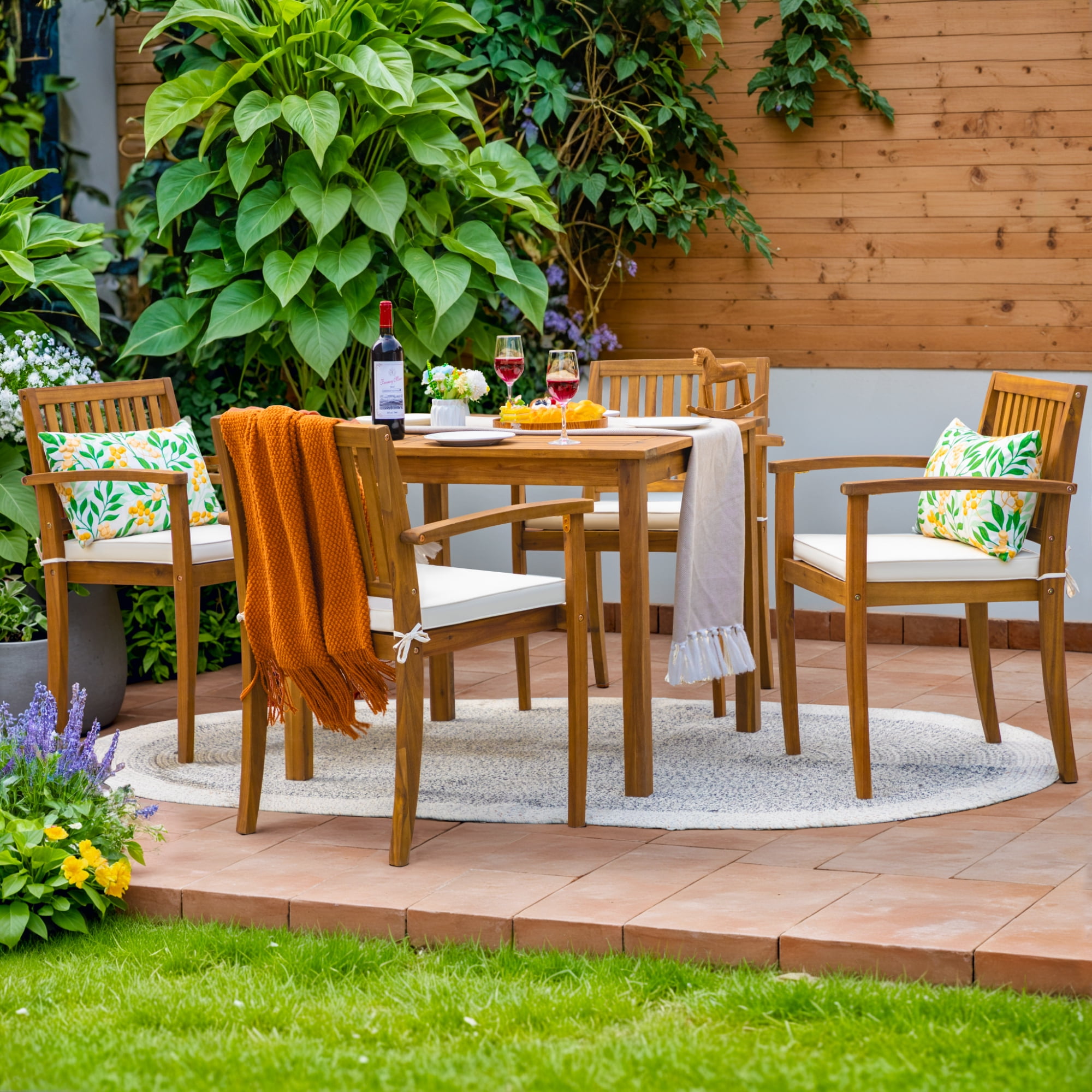 Homall Outdoor Furniture 5 Sets Patio Acacia Wood Table and Chairs with Cushions,Burlywood
