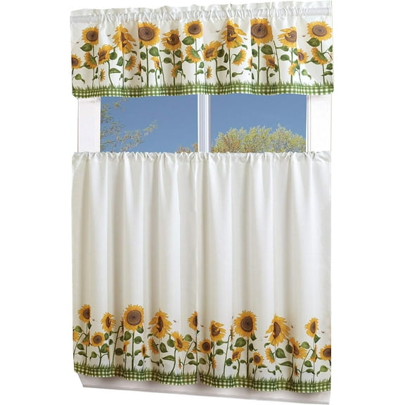 3 Piece Printed Floral Kitchen/Cafe Curtain with Swag and Tier Window Curtain Set, White, Sunflower