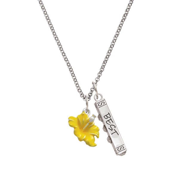 Delight Jewelry Silvertone Yellow Hibiscus Flower Silvertone Best Friends Forever Bar Charm Necklace, 23"