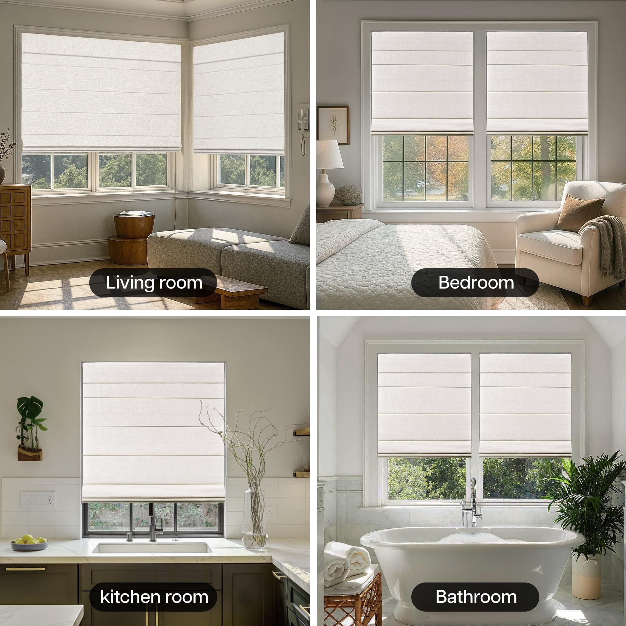 LazBlinds No Tools No Drill Cordless Roman Shades for Windows, Blackout Thermal Insulated UV Blocking Window Blinds, Lightweight Fabric Blinds for Indoor Windows, 44" W x 60" H, Blackout - White