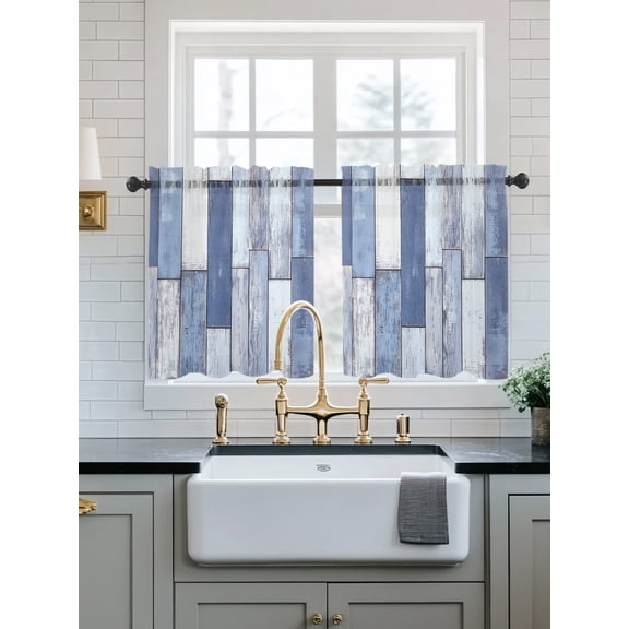 Blue Beige Wooden Sheer Kitchen Tier Curtains 36 Inch length,Rod Pocket Half Curtains Short Drapes,Farmhouse Vintage Country Striped Light Filtering Small Window Treatments 2 Pcs 27.5"W x 36"L