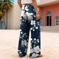 thumbnail image 7 of felwors Women Summer Boho Palazzo Pants High Waist Wide Leg Floral Casual Cotton Lounge Trousers with Pockets Navy, L, 7 of 7
