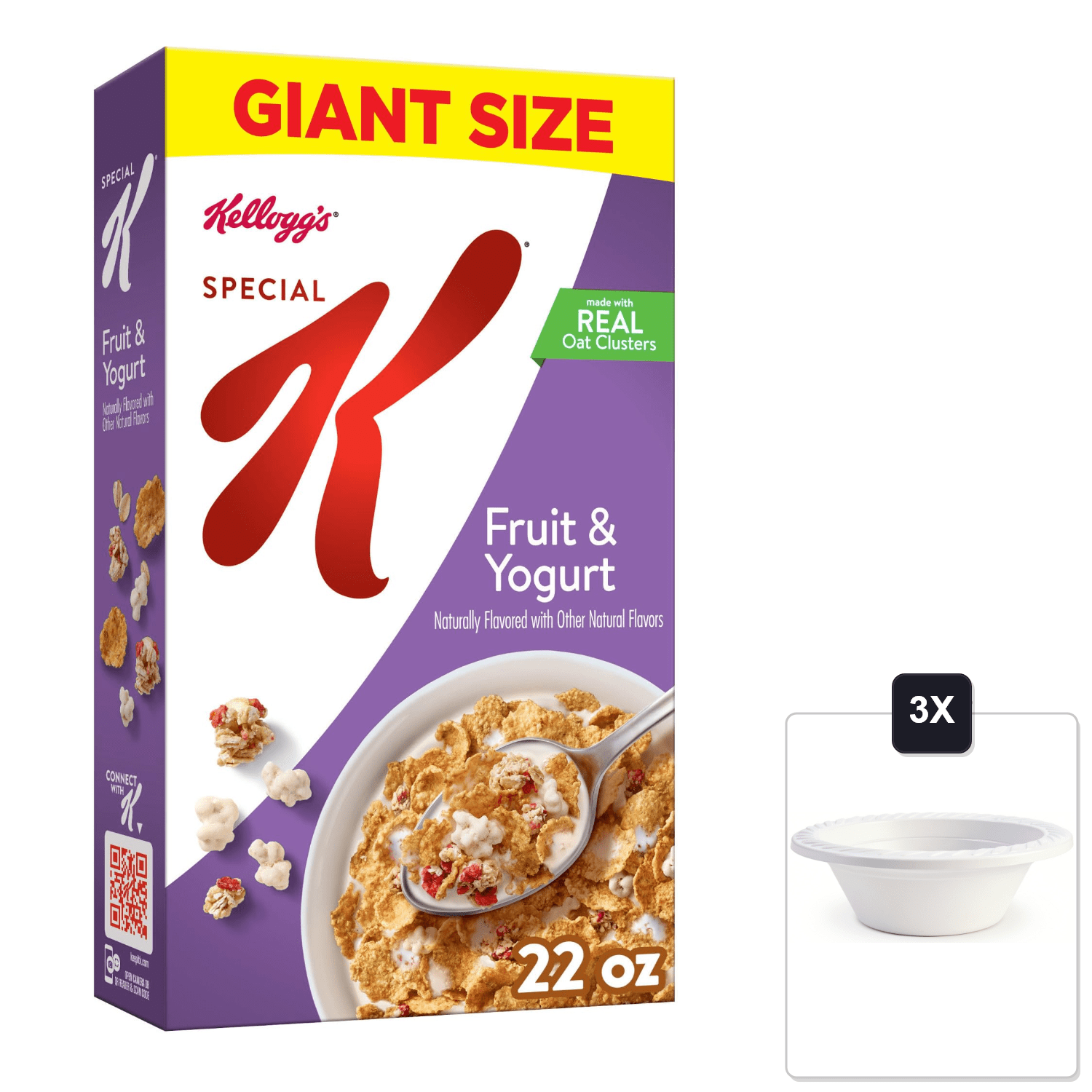 Kelloggs Special K Breakfast Cereal, Giant Size, Fruit And Yogurt, 22 oz & 3x 12oz Disposable Plastic Bowl