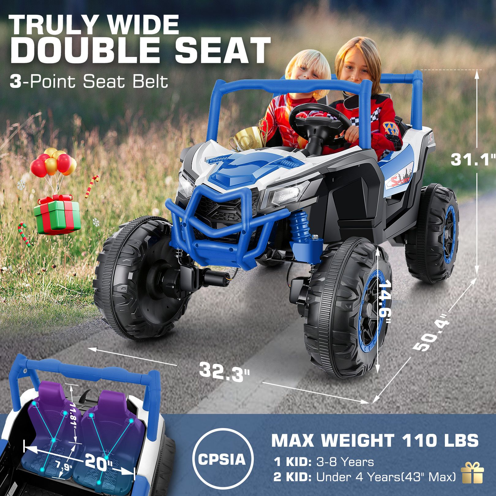 Farmdex 4WD 24V Ride on Toys 2 XL Seater Kids Ride on Cars w/ Remote Control, 4*200W Motor, Electric Off-Road UTV 7AH Battery Powered 4-Wheeler Vehicle w/ Bluetooth, Music, 3-Speed, LED Light, Blue