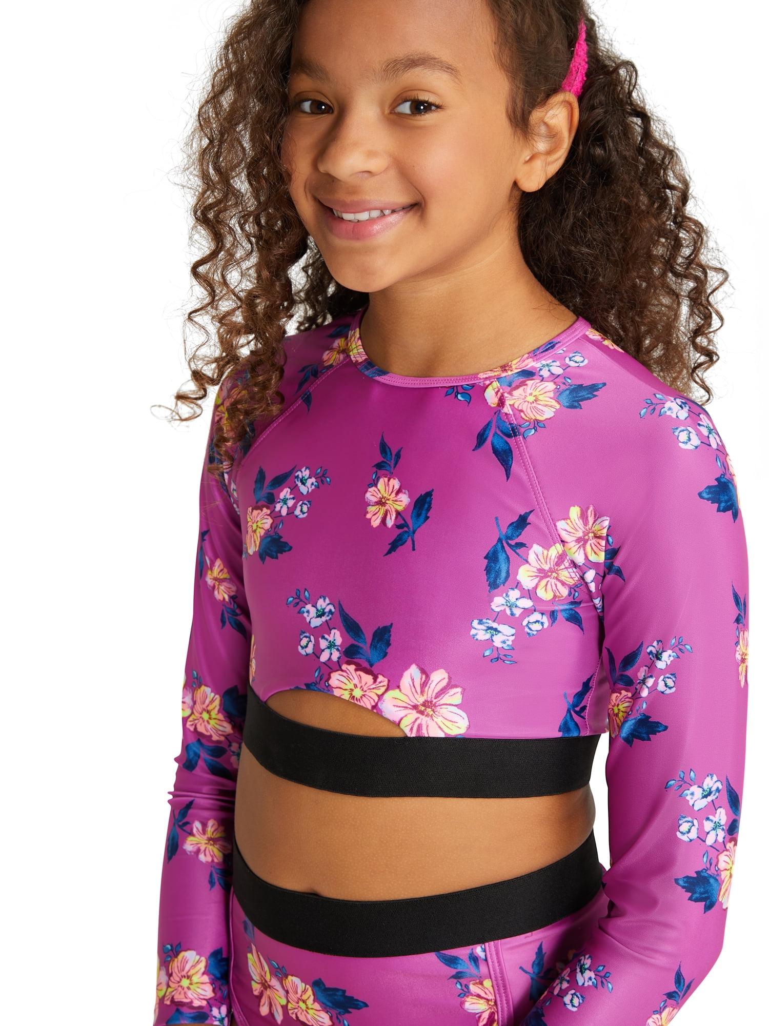 Justice Girls 2 Piece Long Sleeve Elastic Trim Floral Print Rash Guard Swimsuit, Sizes 5-18