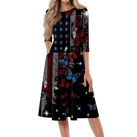 BOMYJESK 4th Of July Dresses for Women American Flag Floral Maxi Dress Independence Day Art Print 2026 Summer Dresses Midi Dresses Casual Party Apparel Black 3XL