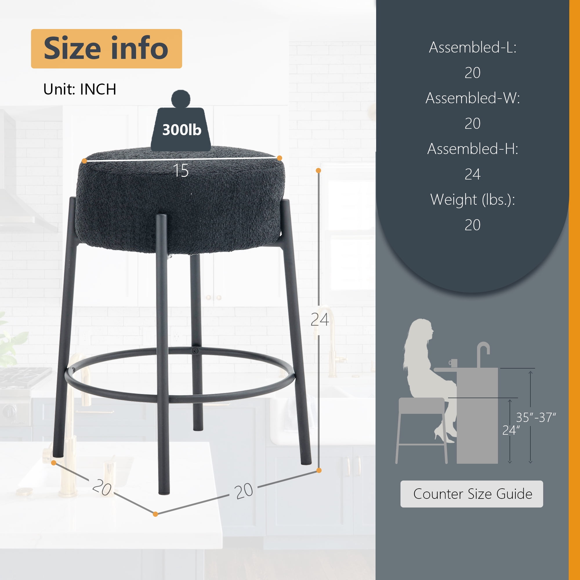 Miniyam Counter Height Bar Stools Set of 2,Boucle Kitchen Stools Upholstered Dining Chair Stools 24 Inch Height,Black