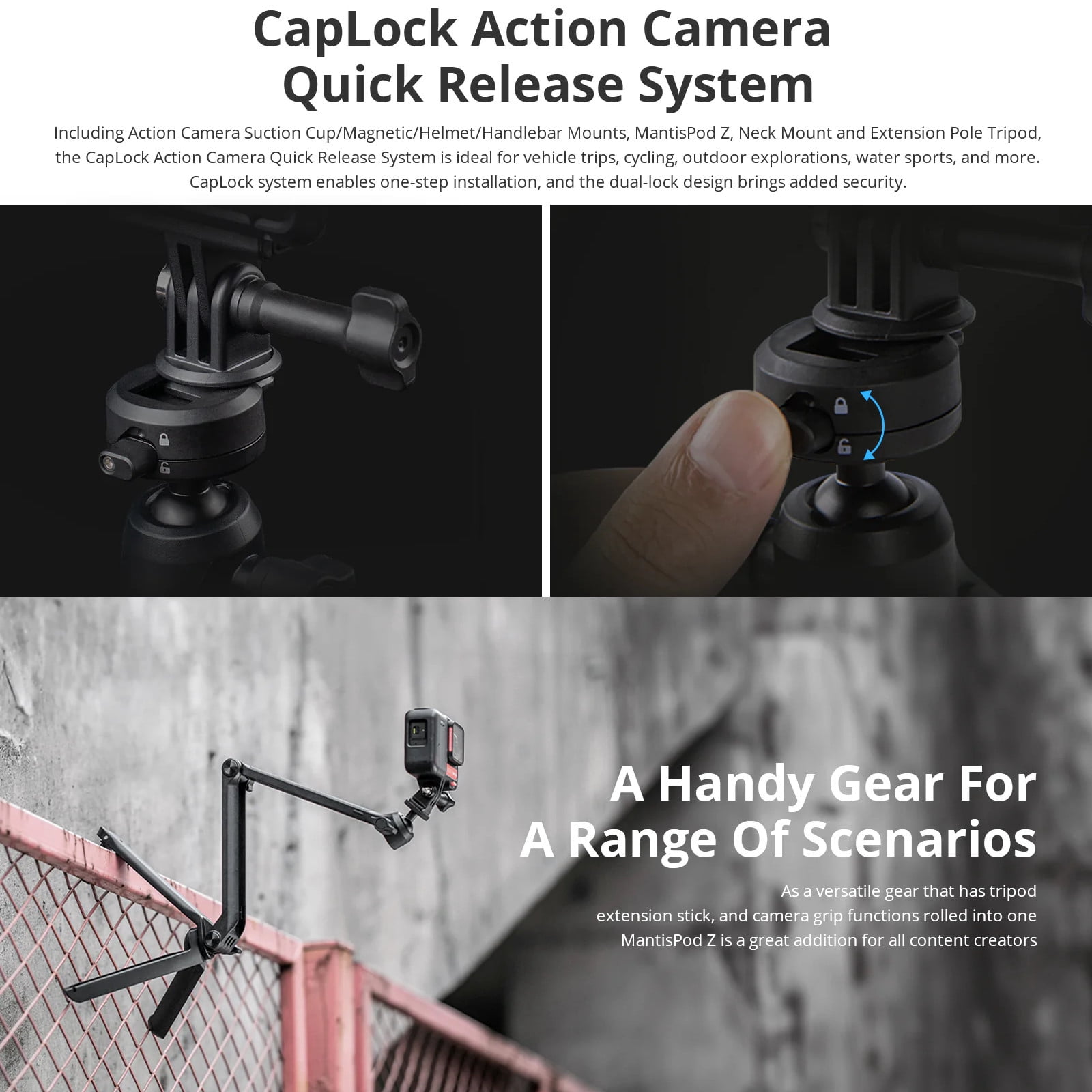 CapLock MantisPod Z Tripod for Insta360 LINK 2, GoPro, DJI, Smartphones – 360° Rotation, 5 Shooting Modes, Portable Camera Grip with Quick Release Plate
