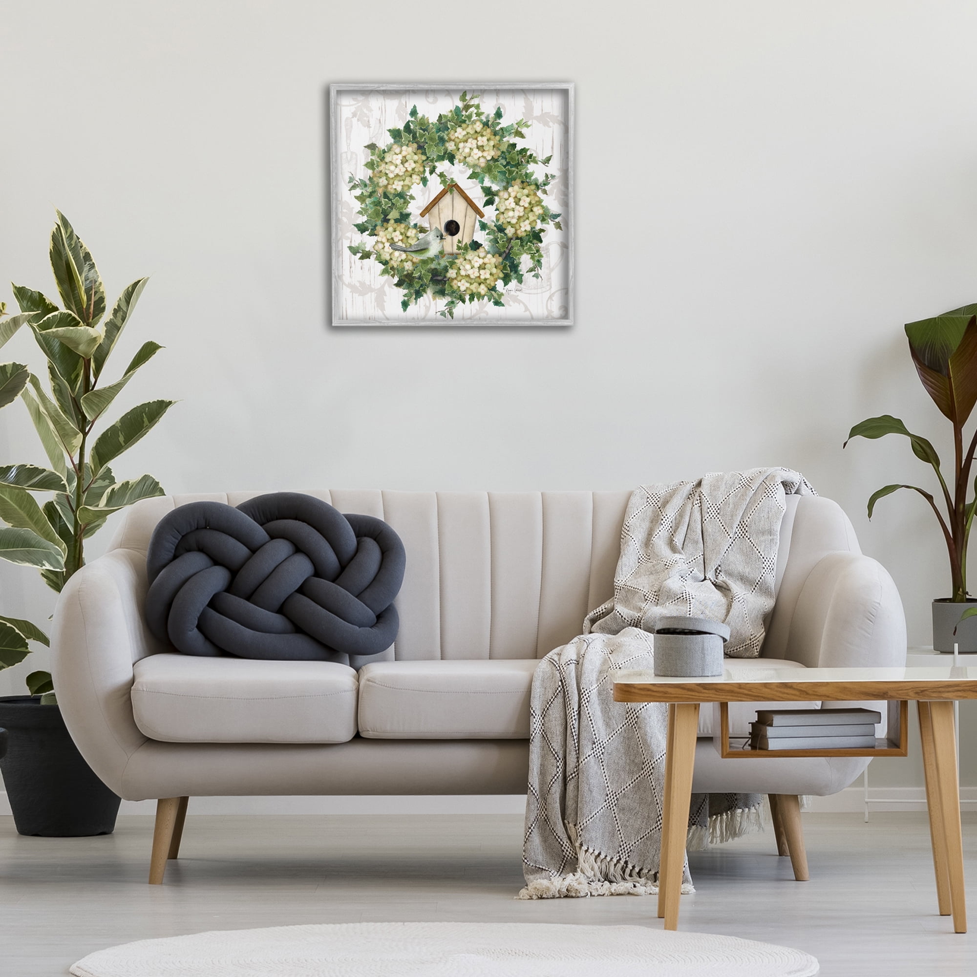 Stupell Industries Spring Birdhouse Wreath Botanical & Floral Painting Gray Framed Art Print Wall Art, 24 x 24