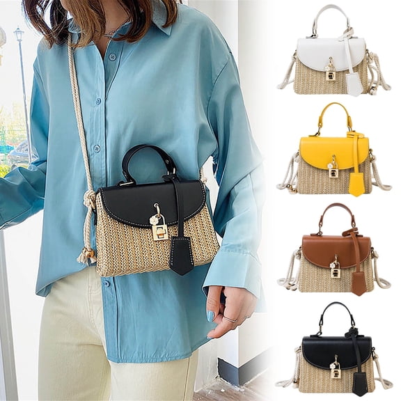 Handmade Bohemian Woven Straw Tote Bag for Women Summer Beach Crossbody Purse with Top Handle