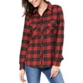 thumbnail image 6 of INSPIRE CHIC Women's Plaid Roll up Long Sleeves Single Breasted Shirt with Brushed Flap Pockets L Black Red, 6 of 9