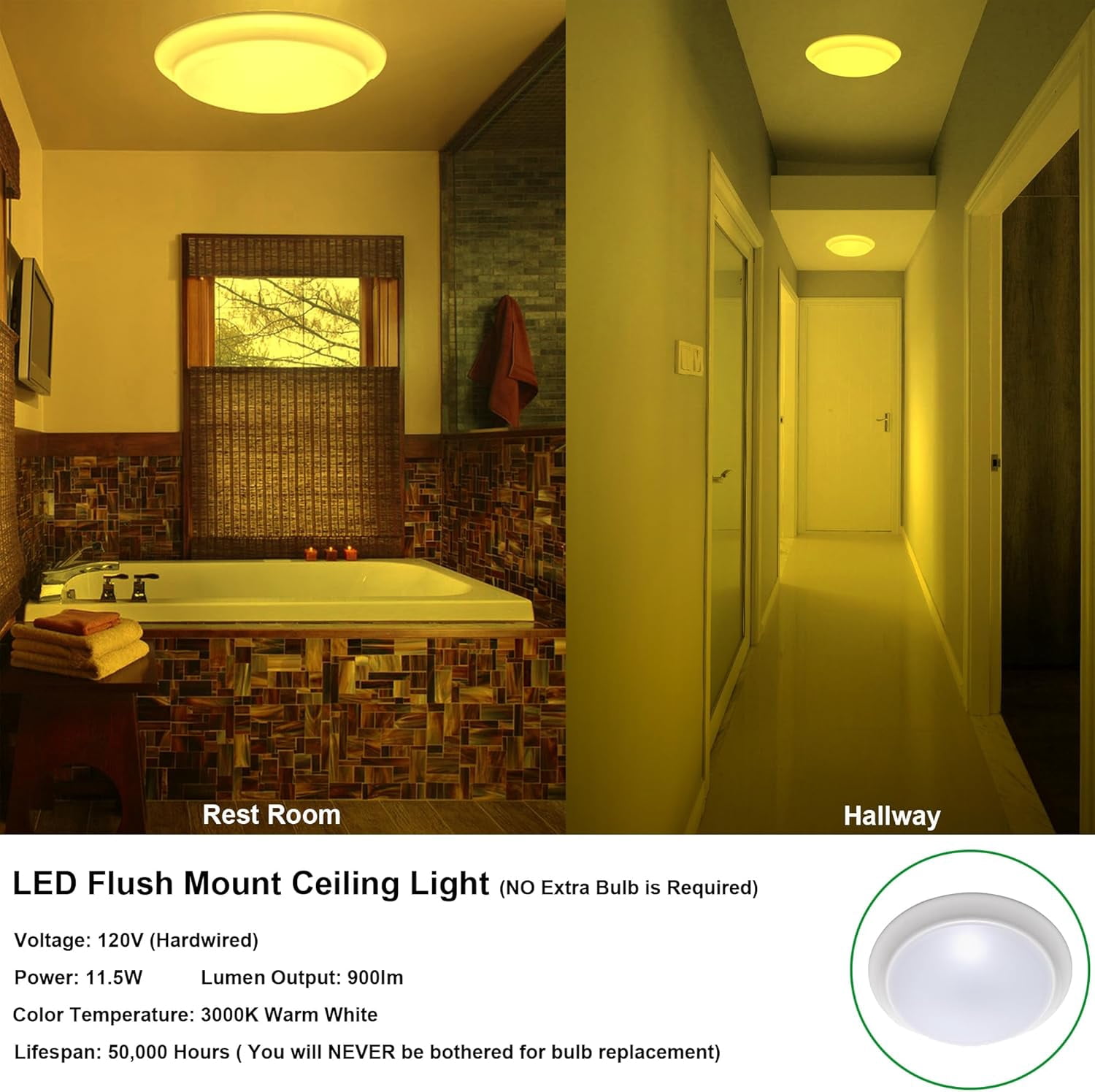 RGHJAR-LED Flush Mount Ceiling Lighting Fixture, Dimmable 7 Inch 11.5W 900 Lumen, Aluminum Housing Plus PC Cover, Damp Location Rated for Bathroom, 3000K, 1-Pack