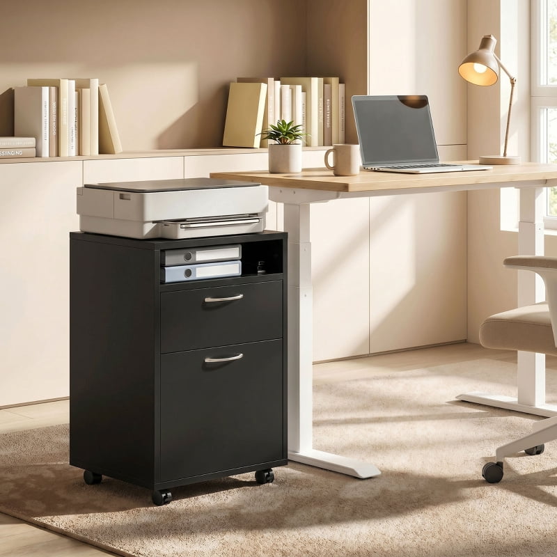 Alvantor Mobile Printer Storage Cabinet with Drawer & Cabinet, Rolling Organizer on Wheels 15.7"W x 13.8"D x 23.6"H Black