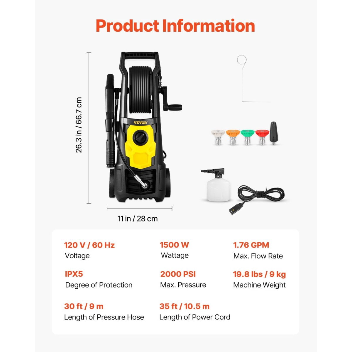 2000 PSI Portable Electric Pressure Washer 1.76 GPM – 30ft Leak-Proof Hose, 5 Quick Connect Nozzles, Foam Cannon, ETL Certified for Patios/Cars/Fences