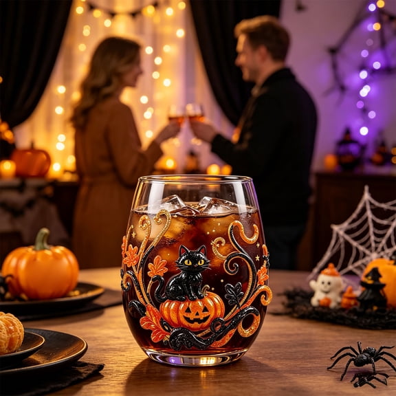 Set of 2 Halloween Embossed Glass Stemless Drinking Glasses For Cocktails Juices And Beverages