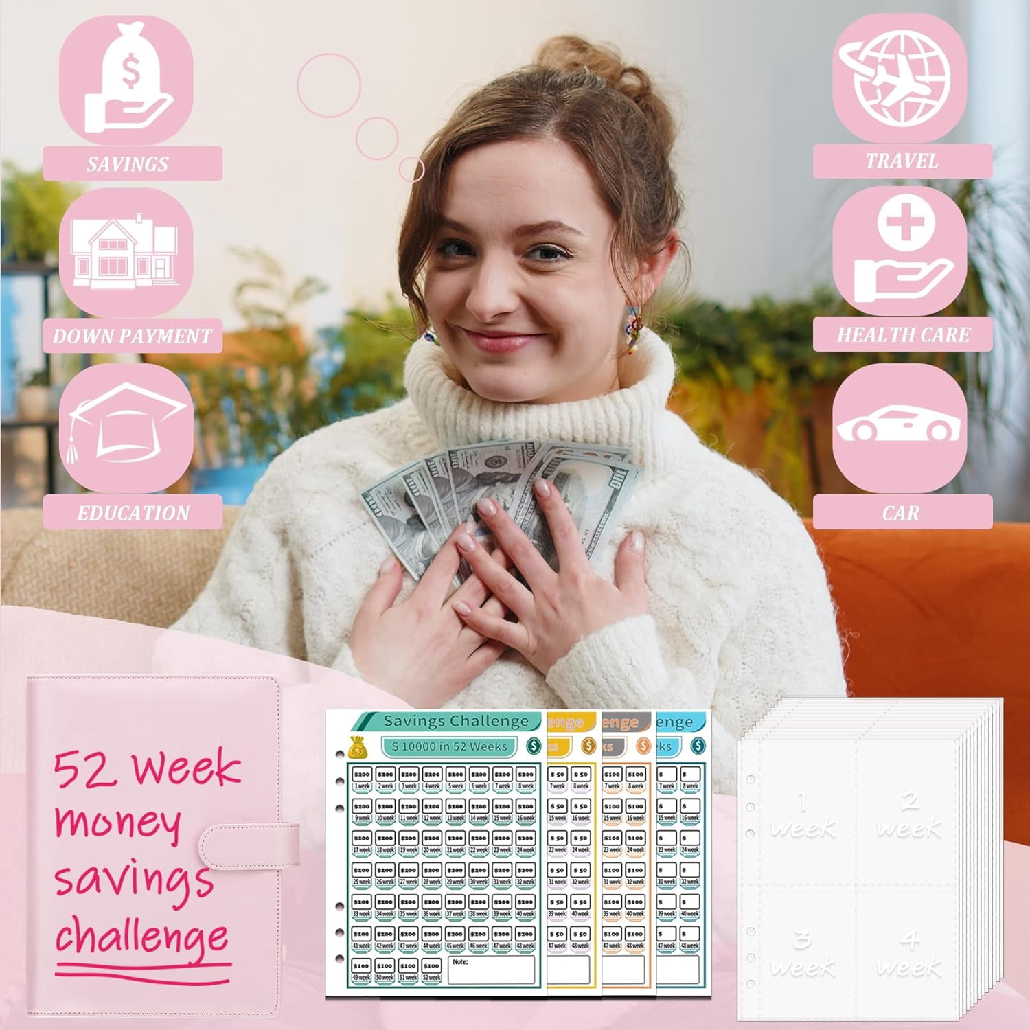 XC 100 Envelopes Money Saving Binder & 52 Week Savings Challenge Book, 2 Sets A5 Budget Money Saving Binder with Pre-Printed Cash Envelopes and Challenge Trackers