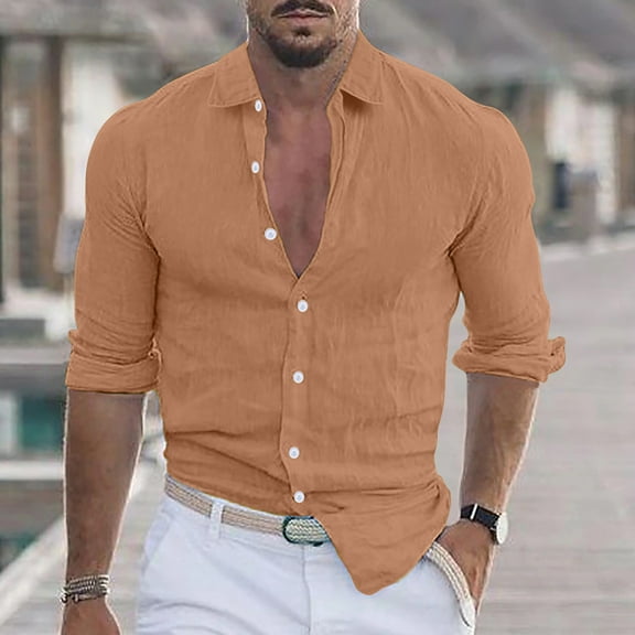 Utoimkio Men's Linen Button Down T Shirts Casual Lightweight Business Long Sleeve Turndown Collar Shirts for Men Casual Loose Summer Beach Shirt Tops