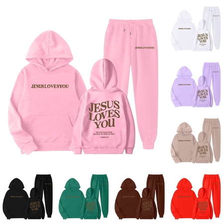 Gelikeya Jesus Loves You Hoodie Sweatshirts Sweatpants 2 Piece Girls Sweatsuits Hooded Tops Pants Sets 1-9Y (Purple 8-9 Years)