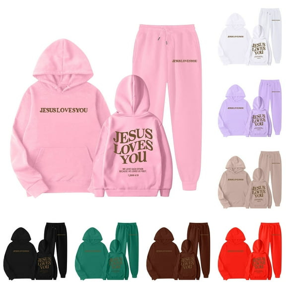 Gelikeya Jesus Loves You Hoodie Sweatshirts Sweatpants 2 Piece Girls Sweatsuits Hooded Tops Pants Sets 1-9Y (Black, 5-6 Years)