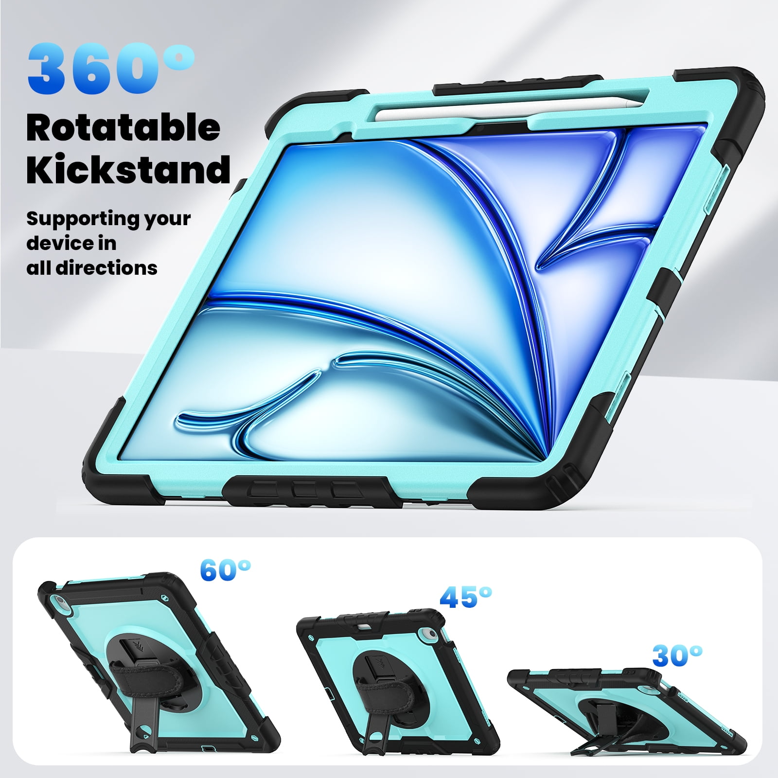 Allytechgroup iPad Air 13 2024 Case with Screen Protector / Shoulder Strap/ Pencil Holder, Heavy Duty Shockproof Rugged Handle Kickstand Bumper Case Cover for Apple iPad Air 13 Inch 2024 M2,Skyblue