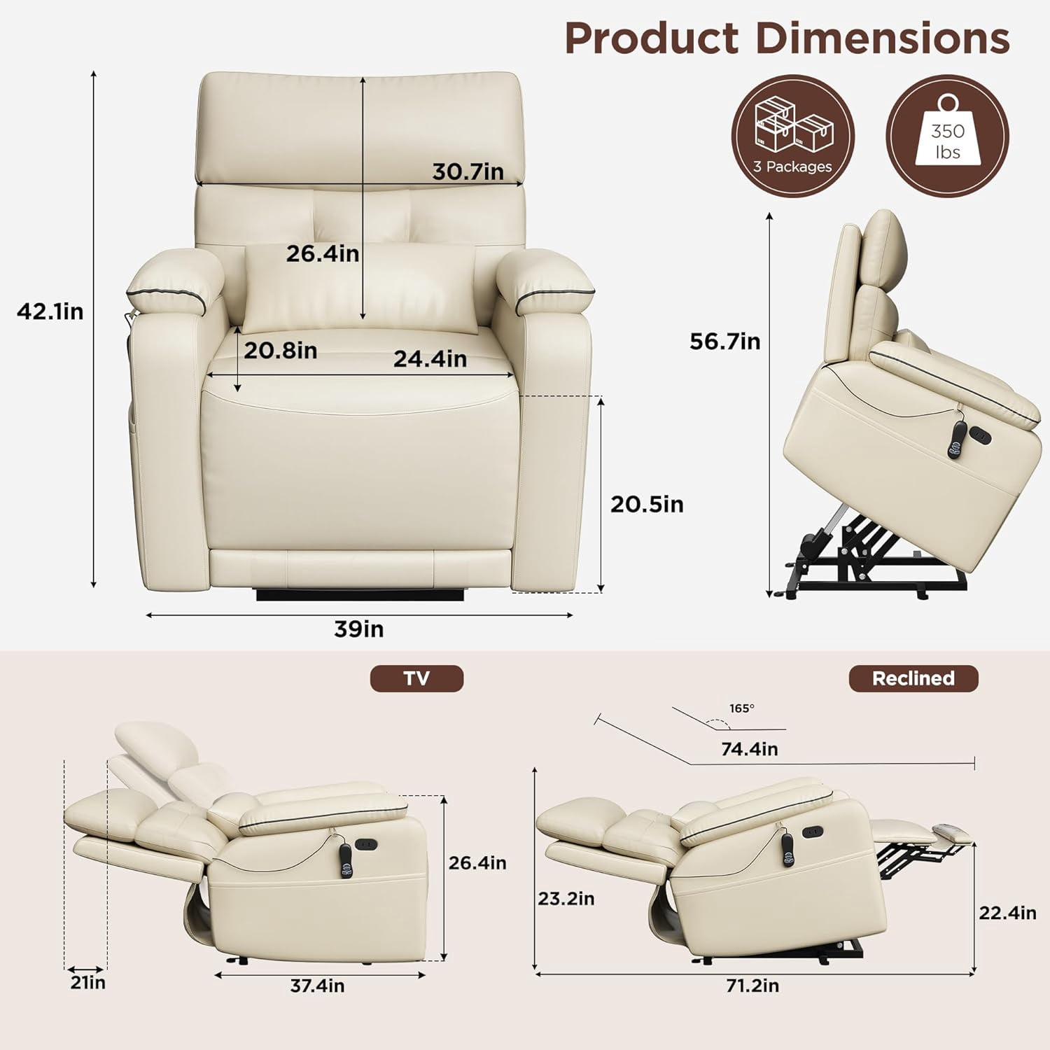 Vabches Power Lift Recliner Chair Dual Motor, Electric Leather Recliner for Adults with Cup Holder, Tray and USB & Type-C, Pillow Side Pocket