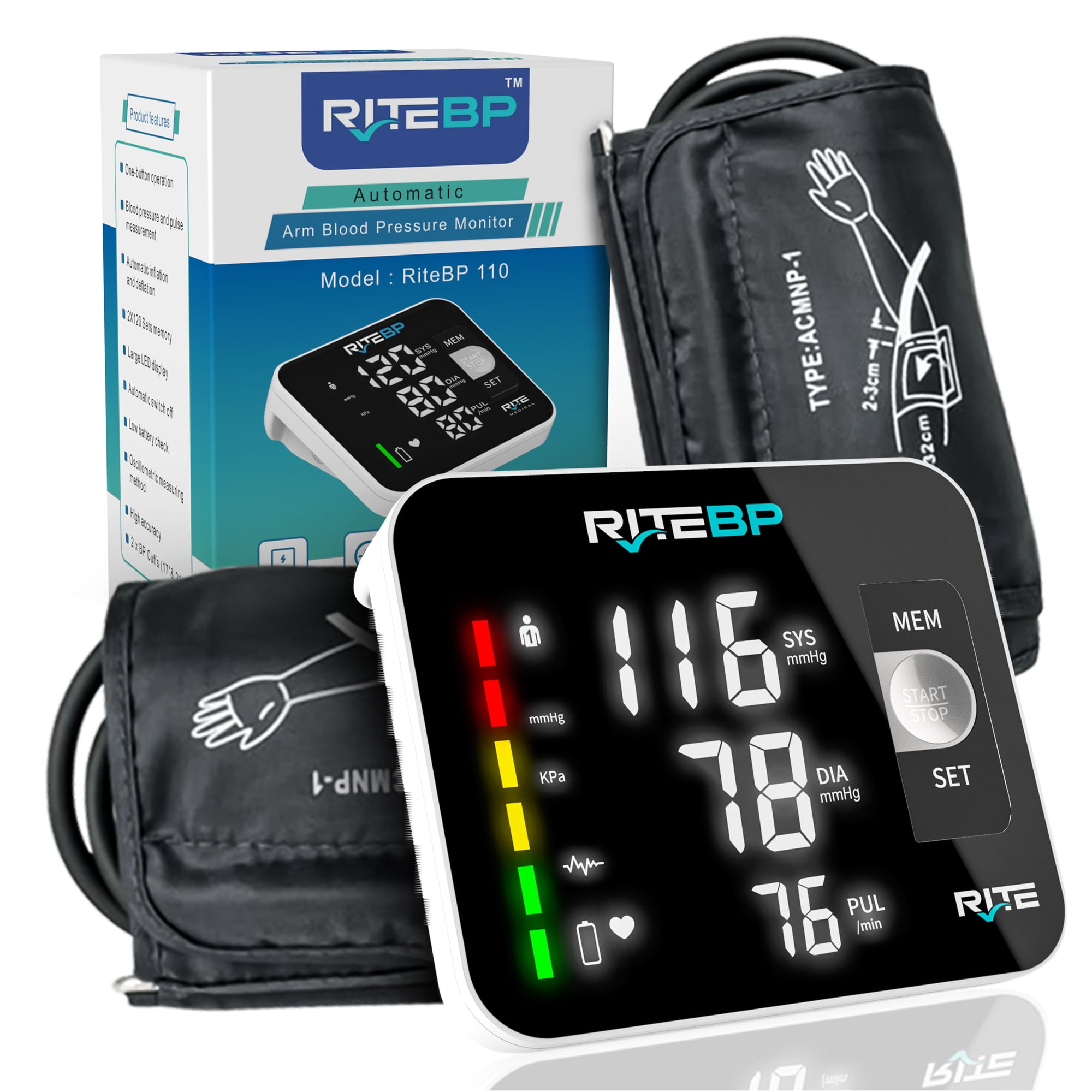 RiteBP Digital Blood Pressure Monitor with 2 Large Arm Cuffs (22–42 cm)